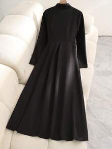 GlowEve Women's Elegant High Collar Button Long Sleeve Fitted A-Line Midi Dress, Chic French Style For Party And Gathering, Autumn/Winter