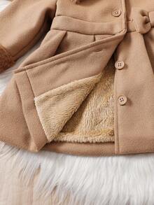 Souflis Souflis Baby Girls' Solid Color Fluffy Lapel 3D Bow Wool Blend Dress Coat. The Collar And Cuffs Are Made Of Fluffy Fabric, Fashionable And Generous; The Solid Color Buttons On The Placket Are Simple And High-End; The 3D Bow At The Waist Is Cute - Brown - View 4