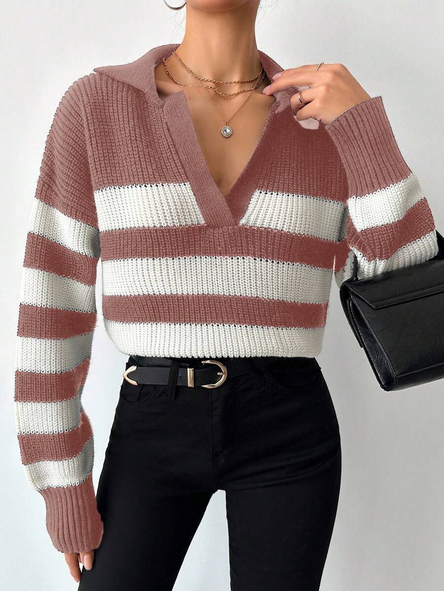 EURMUSE Striped Pattern Drop Shoulder Sweater - Rusty Rose - View 1