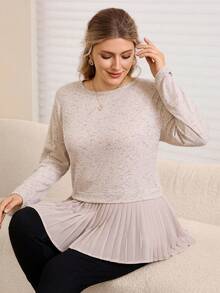 Rosumi 大码女式圆领长袖褶裥下摆休闲T恤，适合圣诞节、新年等节日穿着，优雅舒适，适合情人节、母亲节等场合，舒适休闲沙滩套头衫，春假休闲装，女士长袖上衣 - 灰色 - 查看 1