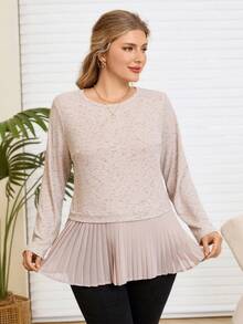 Rosumi 大码女式圆领长袖褶裥下摆休闲T恤，适合圣诞节、新年等节日穿着，优雅舒适，适合情人节、母亲节等场合，舒适休闲沙滩套头衫，春假休闲装，女士长袖上衣 - 灰色 - 查看 4