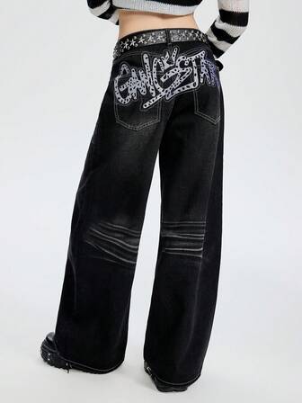 Breakform Women's Pocket Gothic Style Letter Embroidery Loose Washed Denim Jeans