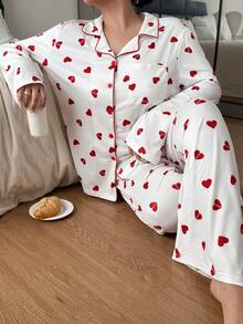 SHEIN Women's Plus Size Allover Heart Print Long Sleeve Pajama Set, Suitable For Outerwear Heart Comfy Pajamas Set, Winter Clothes - Multicolor - View 3