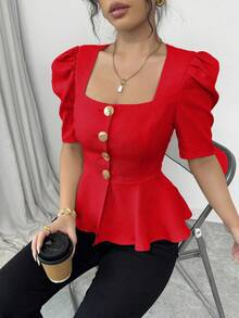 Elenzga 女士夏季衬衫，方领，短袖，金属纽扣装饰，做旧下摆，收腰设计，梭织面料，优雅百搭，日常穿着 - 紅色 - 查看 3