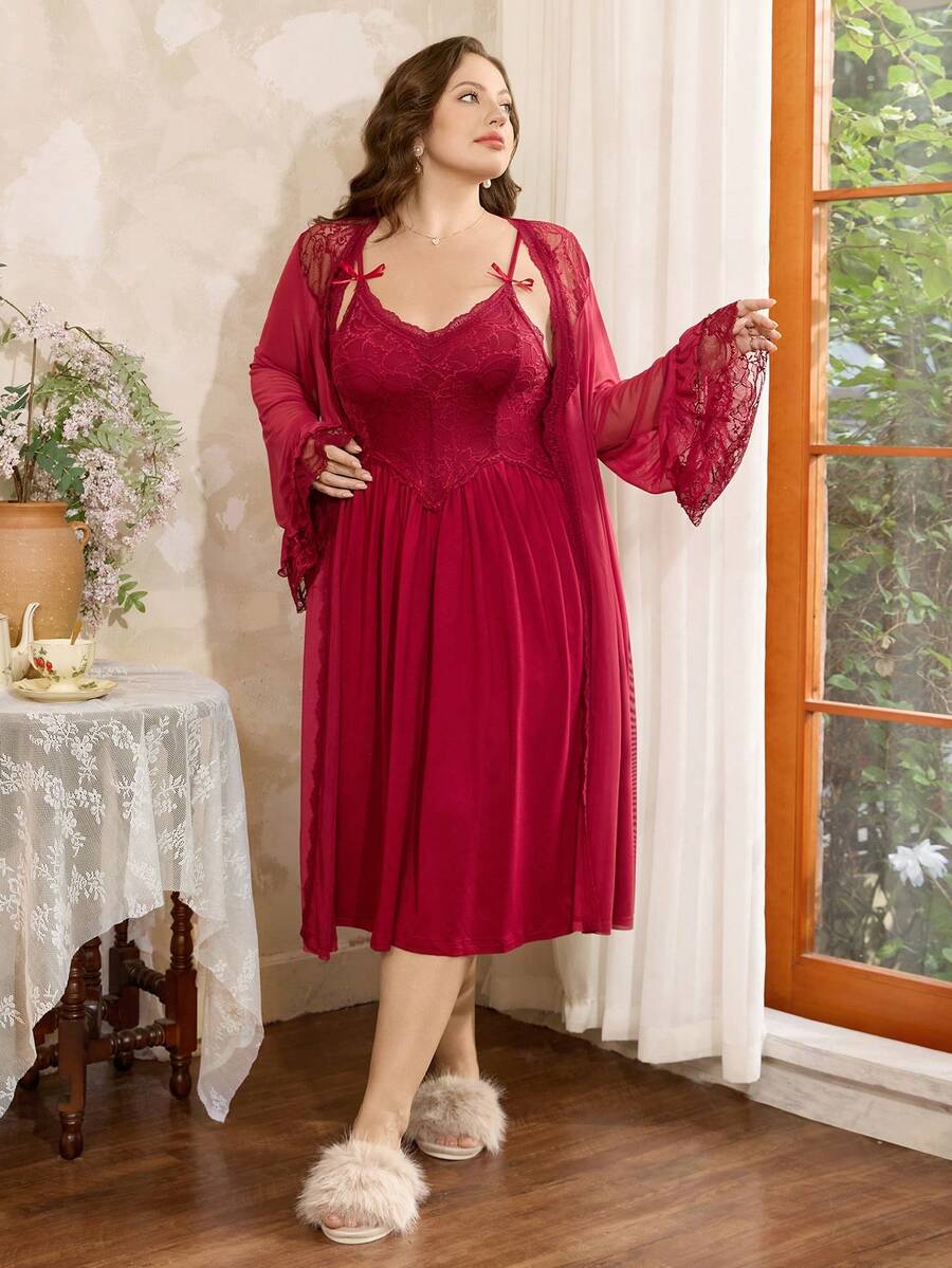 Côtesoire French Romantic Elegant Lace Contrast Mesh Robe, Knitted Lace Camisole Long Plus Size Sleepwear Set - Burgundy - View 1