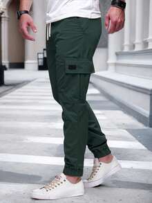 Manfinity Homme Quần Cargo lưng rút cho nam thường ngày đi làm - Màu xanh lá cây đậm - Xem 4