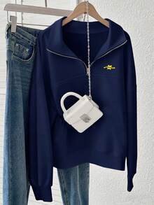 INAWLY Áo nỉ trùm đầu có khóa kéo rộng rãi, thoải mái dành cho nữ, mùa thu - Màu xanh hải quân - Xem 7