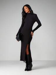 MISSGUIDED Vestido maxi de Body con cuello alto acanalado de manga larga con abertura lateral y hombreras para uso en eventos de cóctel y noche