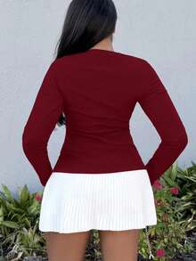 Alexandranx Ribbed Button Through Long Sleeve Crew Neck Top Casual Vacation Airport Holiday Fall Winter Christmas Elegant - Burgundy - View 2