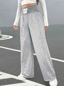 SHEIN EZwear 夏季字母拼接阔腿灰色抽绳腰运动裤 - 灰色 - 查看 5