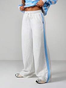 Missguided x Playboy 女士宽松阔腿抽绳腰带侧条纹细节慢跑裤运动裤休闲家居裤日常舒适 - 灰色 - 查看 1