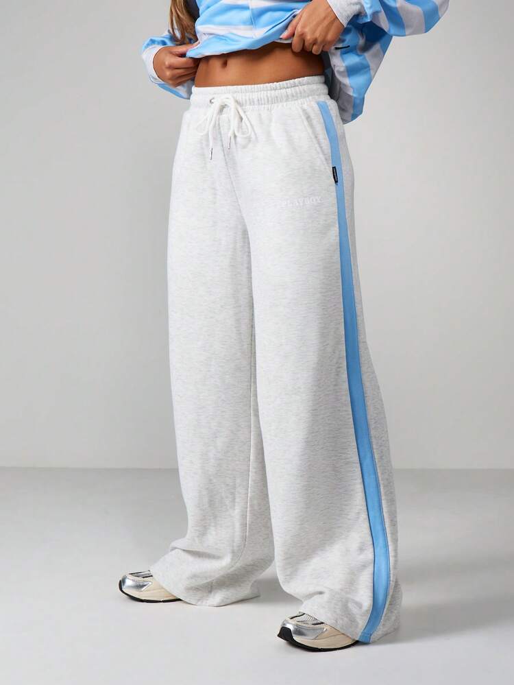 Missguided x Playboy Pantaloni da donna a gamba ampia e rilassata con vita con cordoncino, dettaglio a righe laterali, pantaloni della tuta casual per il tempo libero, comodi per l'uso quotidiano