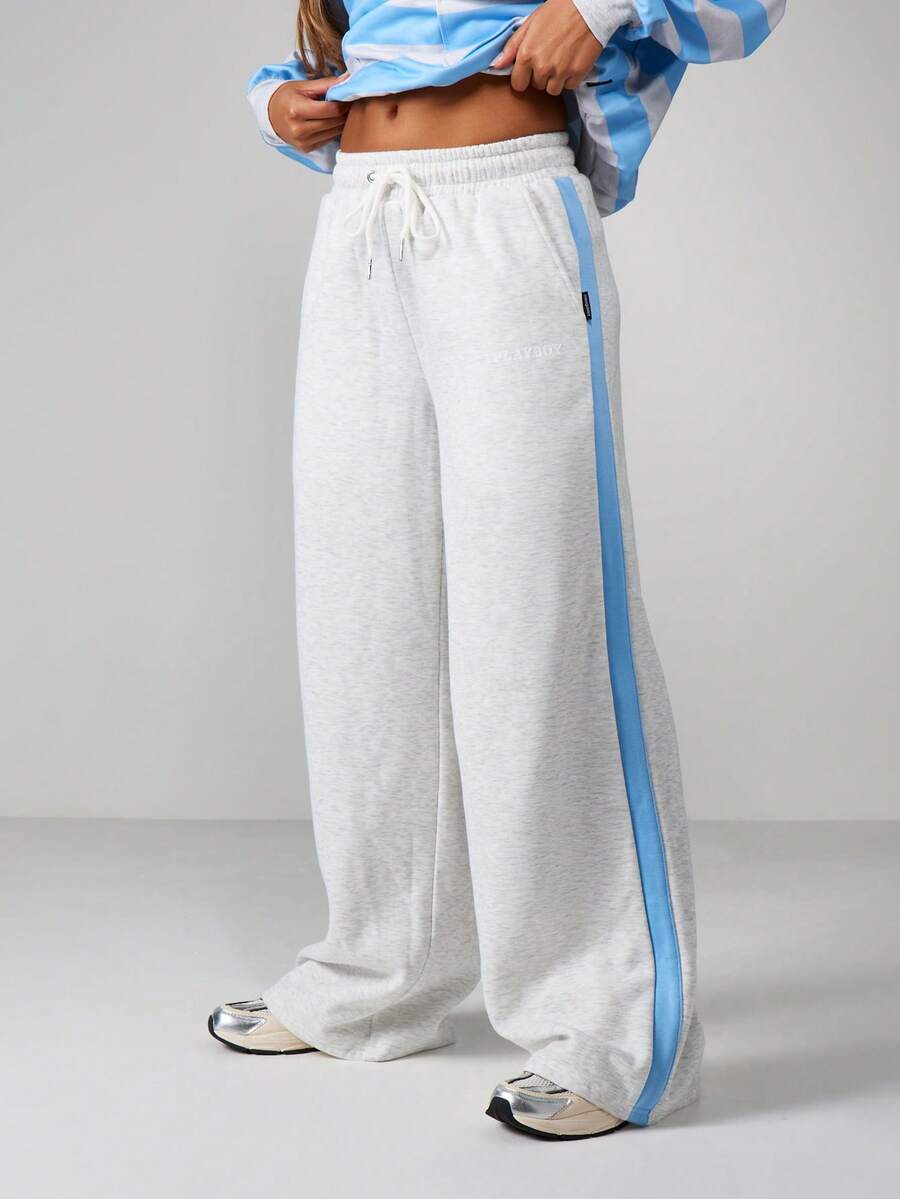 Missguided x Playboy 女士宽松阔腿抽绳腰带侧条纹细节慢跑裤运动裤休闲家居裤日常舒适 - 灰色 - 查看 1