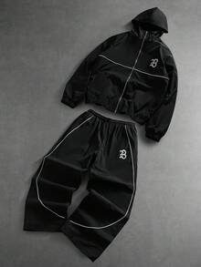 PAVTROS Plus Size Men's Contrast Trim Hooded Zip-Up Jacket And Pants Casual Tracksuit Set,Men's Streetwear,Baggy,Brand,I Love My Boyfriend,Graphic,Boyfriend,Plus Size Men - Black - View 3