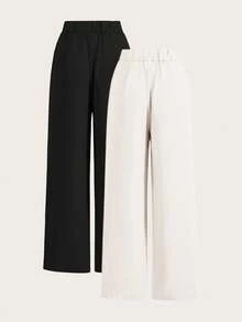 SHEIN Tall CURVE 大码夏季高腰阔腿裤套装，多件套，高腰褶皱阔腿裤，宽松长裤 - 彩色 - 查看 2