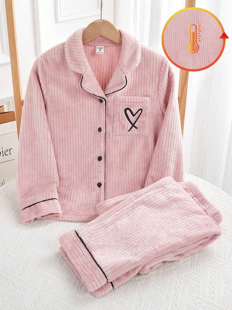 Genkimix Kids 2 件女童莲藕粉色简约别致心形刺绣长袖长裤睡衣套装，保暖睡衣 - 藕粉色 - 查看 1