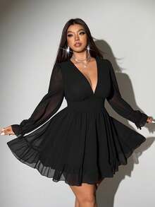 Viva Relle Plus-Size Women's New Year Deep V-Neck A-Line Chiffon Party Dress Fall - Black - View 6