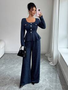 SHEIN Elenzya 秋冬新款粗花呢银线两件套，法式浪漫优雅淑女设计开叉领收腰荷叶边下摆长袖开衫+高腰直筒裤套装，适合独立日 - 藏蓝色 - 查看 6