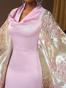 SHEIN Ladiora Đầm midi tay loe khoét eo họa tiết vải satin cổ xếp nếp cho nữ, sang trọng, thanh lịch, dự tiệc, thu/đông - Hồng - Xem 5