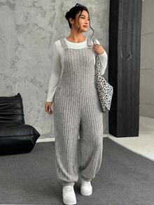 SHEIN EZwear Quần yếm dệt kim nỉ co giãn màu trơn cỡ lớn dành cho nữ, mùa thu/đông - Màu be - Xem 1
