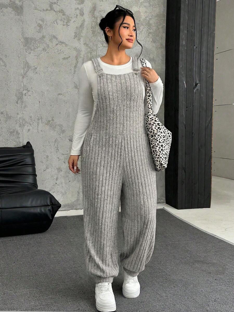 SHEIN EZwear Quần yếm dệt kim nỉ co giãn màu trơn cỡ lớn dành cho nữ, mùa thu/đông - Màu be - Xem 1