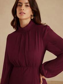 Aveloria EMERY ROSE Váy Maxi Chiffon Lụa Giả Sang Trọng, Thanh Lịch, Đơn Giản, Phong Cách Cung Điện Retro, Màu Trơn Cổ Điển, Cao Cấp, Thanh Lịch, Chân Váy Xòe Dáng Chữ A Ôm Sát, Cổ Cạp Sau Khóa Kéo Vô Hình, Thiết Kế Tay Phồng Cổ Lọ, Lớp Lót Thoải Mái, Thích Hợp Mặc Hàng Ngày, Hẹn Hò, Tiệc Tùng, Kỳ Nghỉ - Màu Đỏ Sâu - Xem 3