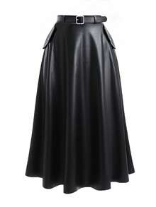 SHEIN PETITE CURVE 大码女式弹力PU皮裙，Elenzga优雅通勤款，配腰带，适合秋冬季节，适合派对、约会、通勤等场合，娇小款 - 黑色 - 查看 1