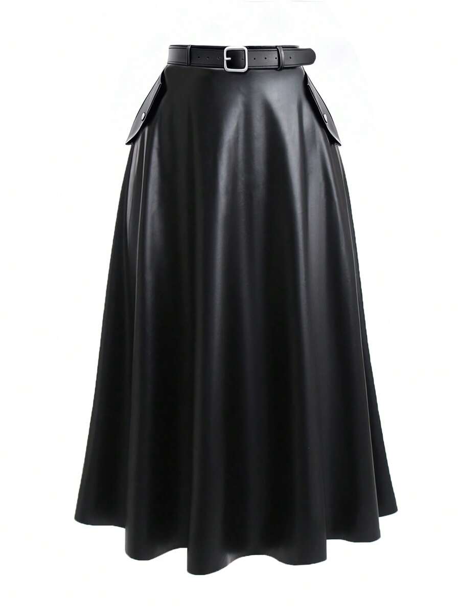 SHEIN PETITE CURVE 大码女式弹力PU皮裙，Elenzga优雅通勤款，配腰带，适合秋冬季节，适合派对、约会、通勤等场合，娇小款 - 黑色 - 查看 1