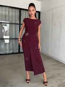 Lavishia Robe d'été élégante pour femmes avec manches chauve-souris, décoration métallique et strass - Prune - Voir 7