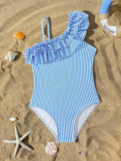 SHEIN Áo tắm liền thân cho bé gái màu xanh trắng sọc, bèo nhún, bất đối xứng, dây đeo vai có thể điều chỉnh, thích hợp cho kỳ nghỉ bơi lội và kỳ nghỉ hè, đồ bơi giữ nhiệt cho Giáng sinh, lễ hội, năm mới, ngày lễ tình nhân, áo tắm màu xanh dương, áo tắm bèo nhún sọc cho bé gái, áo tắm liền thân, áo tắm sọc xanh dương, áo tắm bèo nhún cho bé gái, áo tắm bèo nhún cổ bèo nhún màu xanh dương, áo tắm liền thân cho bé gái tám tuổi, áo tắm liền thân có bèo nhún.