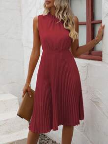 SHEIN PETITE Women's Solid Color Elegant Pleated Sleeveless Waist Dress - Red - View 6