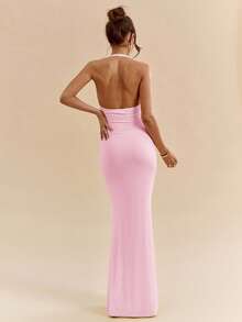 SHEIN BAE 黄色奶油色性感深V领优雅吊带长裙，适合春夏穿着 - 珊瑚粉 - 查看 2