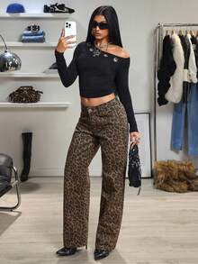 SHEIN Tall Trendiga retro leopardmönstrade raka jeans med låg midja - Multifärgad - Visa 6