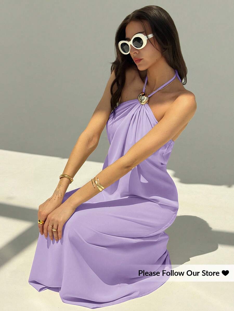 Aloruh 新款香槟色露背褶皱极简长裙，金属球装饰，宽松显瘦 - 淡紫色 - 查看 1