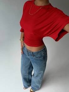 Aloruh Women's Solid Color Round Neck Batwing Sleeve Pleated Cropped Fashion T-Shirt Short Sleeve T-Shirts Women Women's Red Elegant Fashion Streetwear Versatile Short-Sleeve T-Shirt - Red - View 5