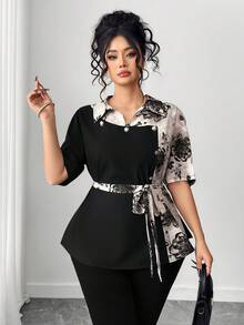 Elenzga 大码女式花卉印花拼接衬衫，优雅休闲度假装 - 黑色 - 查看 6