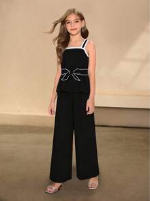 2pcs/Set Fashionable & Elegant Tween Girls' Contrast Color Camisole And Pants Set, Black & White Color Block Design With Bow Waist Belt Decor, Flattering Silhouette, Suitable For Daily Wear And Occasions - Black - View 1