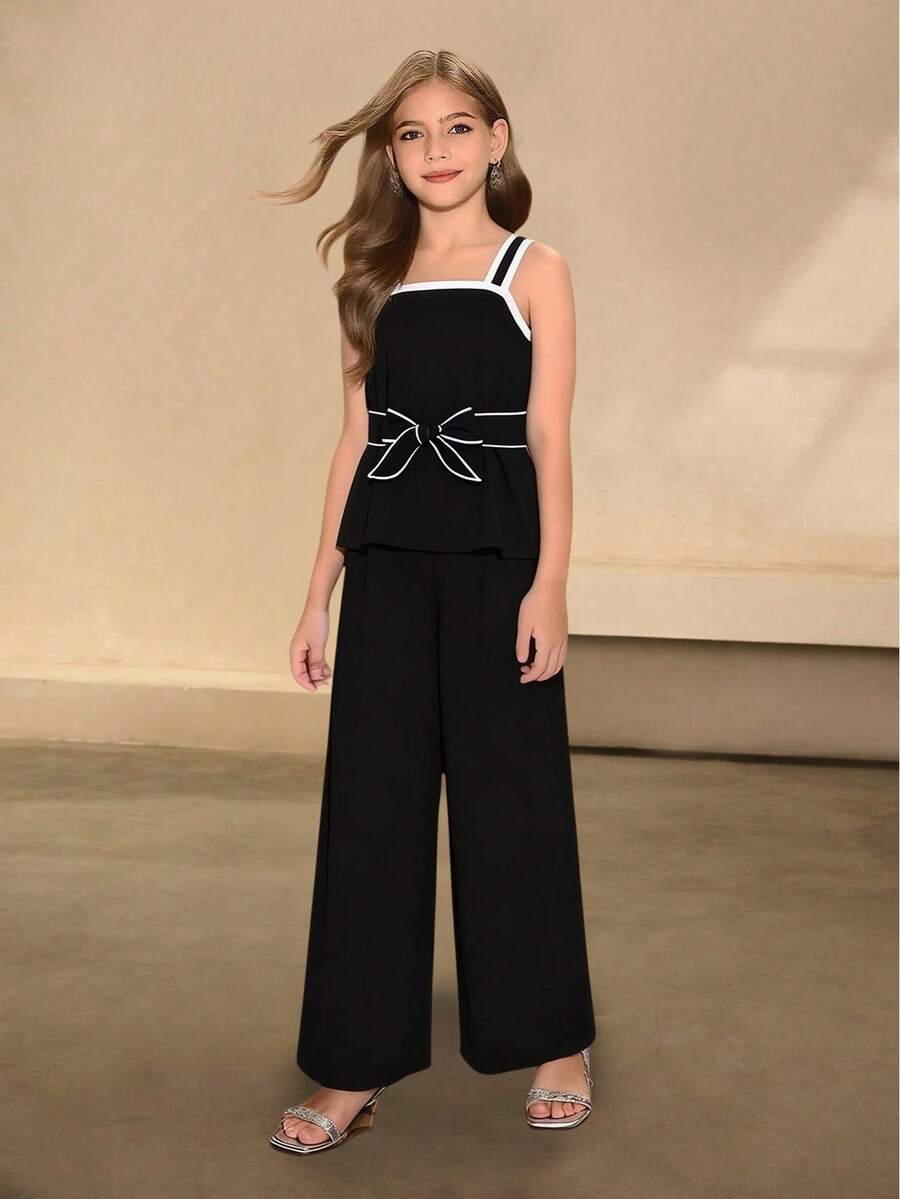 2pcs/Set Fashionable & Elegant Tween Girls' Contrast Color Camisole And Pants Set, Black & White Color Block Design With Bow Waist Belt Decor, Flattering Silhouette, Suitable For Daily Wear And Occasions - Black - View 1