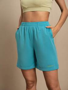 Menodora SHEIN Sport Quần short thể thao nữ cạp chun màu trơn có túi thường ngày - màu xanh lá - Xem 1