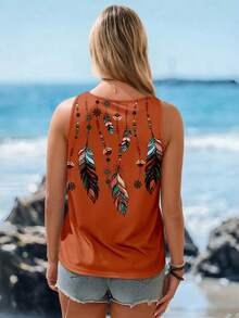 Sylviya Feather Print Round Neck Fitted Casual Tank Top For Women, Summer - Rust Brown - View 5