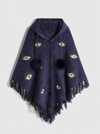 Hippie Cárdigan con capucha para mujer con estampado de ojos de estilo jacquard, mangas de murciélago y flecos en el bajo, de estilo misterioso de bruja de Fairy-Core