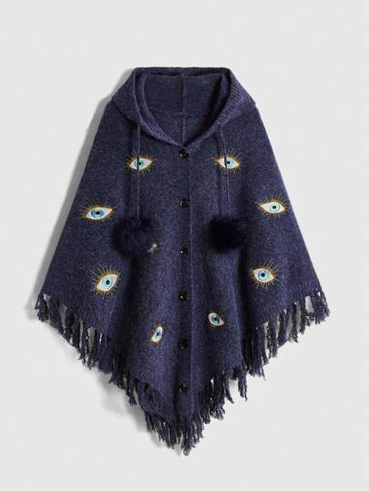 Hippie Mystischer Hexen-Stil Jacquard Augen-Muster Fledermausärmel Quasten-Saum Damen Kapuzen-Strickjacke im Fairy-Core-Stil