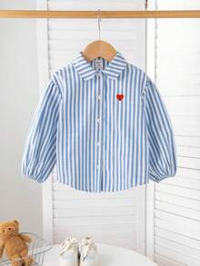 SHEIN 1 paquet Chemise à manches longues avec col châle, rayures bleues et blanches, motif cœur, pour bébé fille. Confortable, casual, polyvalente et pour un usage quotidien. Convient pour les anniversaires, soirées, représentations, mariages, baptêmes, cérémonies d'ouverture, intérieur et extérieur, vie quotidienne, sports, jeux, photos, vacances, festivals. Adapté pour le printemps, l'automne et l'hiver. - Bleu azur - Voir 8