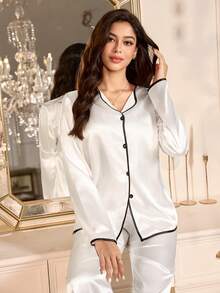 LuxeNights 优雅白色滚边女士缎面长袖睡衣套装 - 白色 - 查看 2