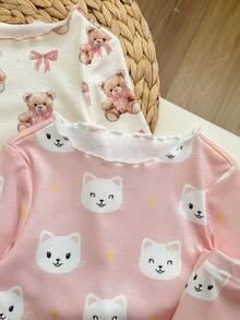 4pcs Baby Girl Cute Cat Pattern Ruffle Trim Round Neck Long Sleeve Top And Pants Soft Comfortable Homewear Pajama Set - Pink - View 4