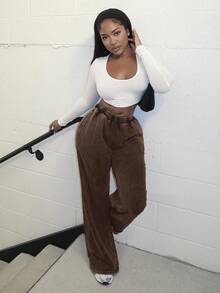 Alexandranx Quần thể thao rộng rãi cạp chun màu trơn cho nữ - màu nâu - Xem 4