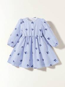 Maija Kids Kleine Mädchen Kleid mit blau-weißen gestreiften Schleifen-Dekor, rundem Ausschnitt, Lässig, Langarm - Blau-Weiß - Übersicht 4