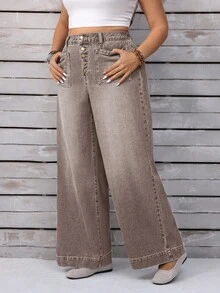 EMERY ROSE Quần jean ống rộng denim rộng rãi, thường ngày cho nữ cỡ lớn có túi cài nút phía trước - Cà phê nâu - Xem 9
