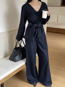 DAZY Women's V-Neck Long Sleeve Knotted Waist Denim Top And Jeans Casual Outfit - Blue - View 7
