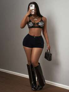 SHEIN Slayr Quần short denim siêu ngắn có túi dành cho nữ - màu đen - Xem 4